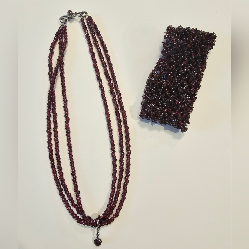 Garnet Red Beaded Multi-Strand Necklace with Matching Bracelet